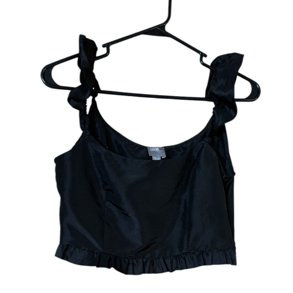 ASOS Black Satin Ruffle Strap Crop Top Size 4